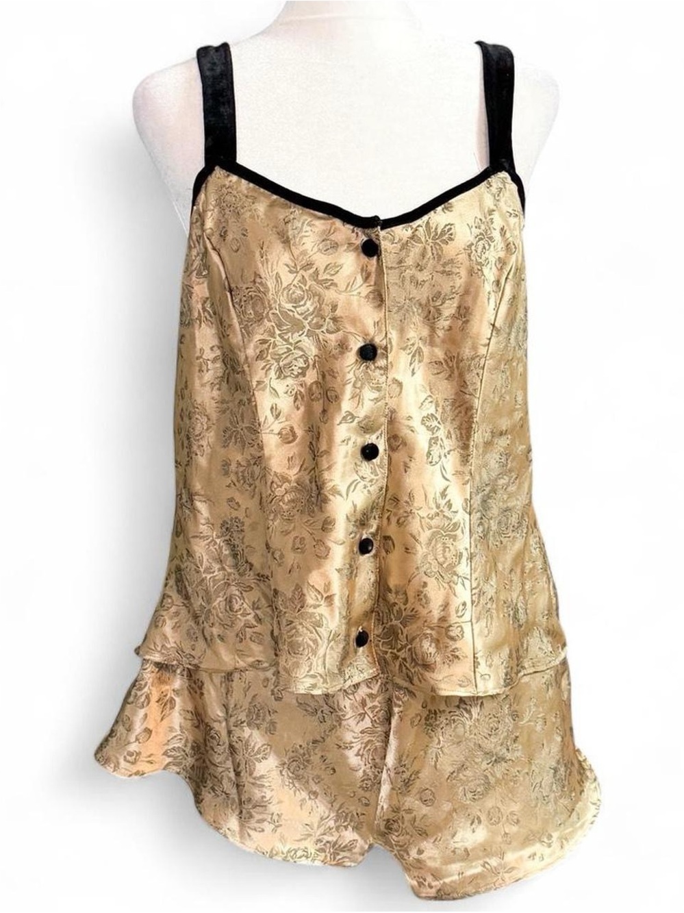 Vintage 90s Sostanza Gold Satin Floral Pajama Set Large Loungewear